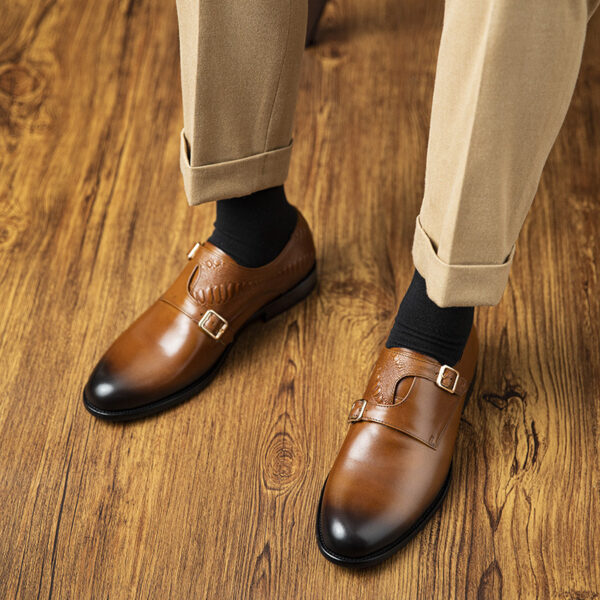 Men's First Layer Cowhide Summer Round Toe Double Buckle Retro Style Business Leather Shoes