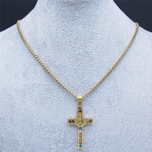 St Benedict Crystal St Pendant Cross Stainless Steel Necklace